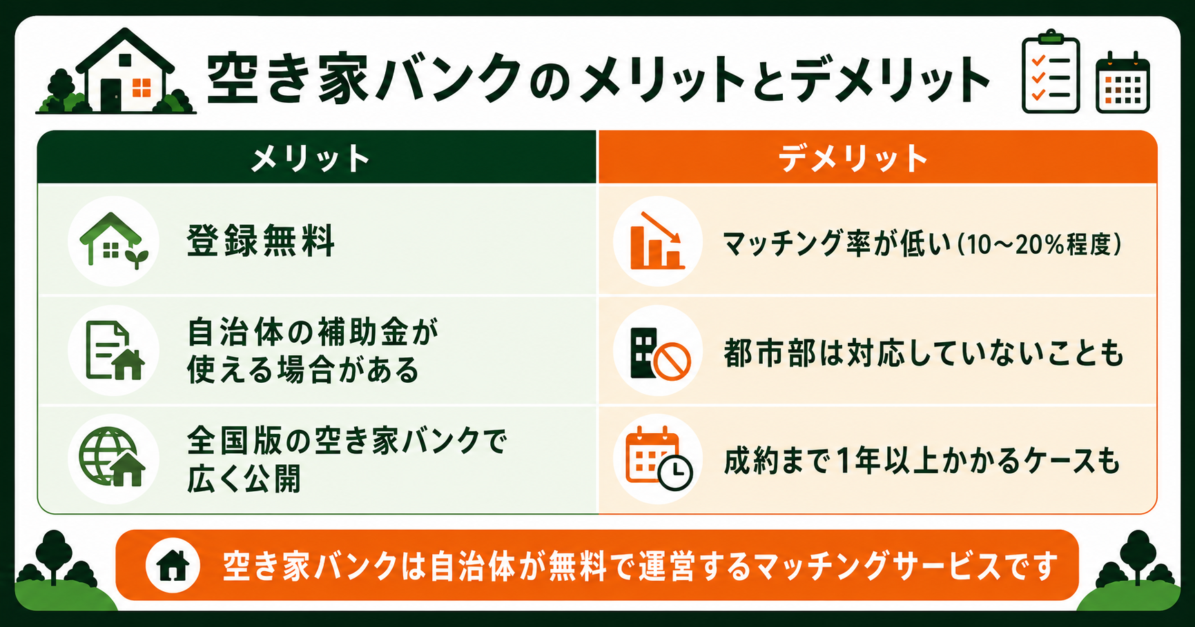 空き家バンクのメリットとデメリットをまとめた表