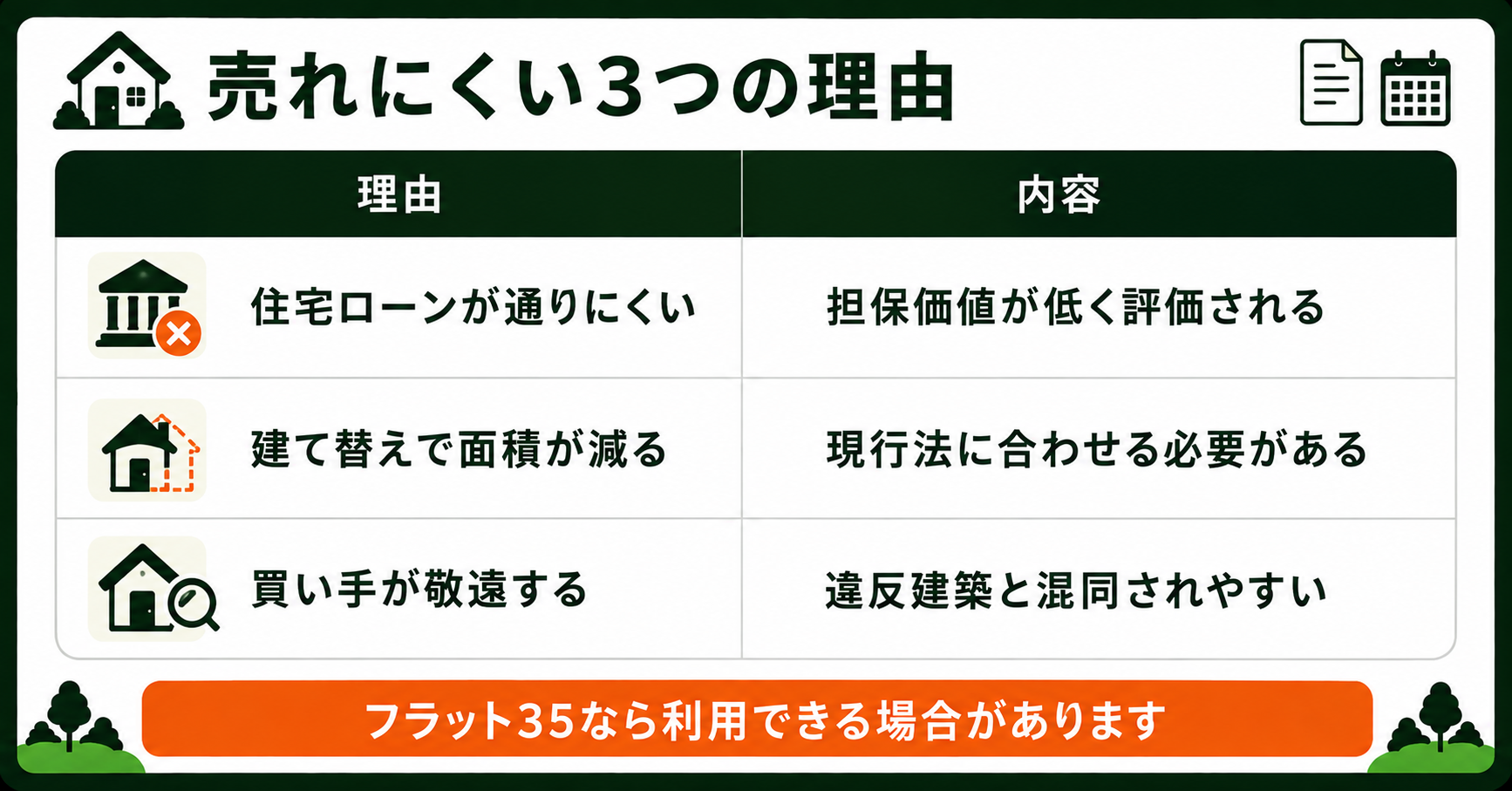 既存不適格物件が売れにくい3つの理由をまとめた表