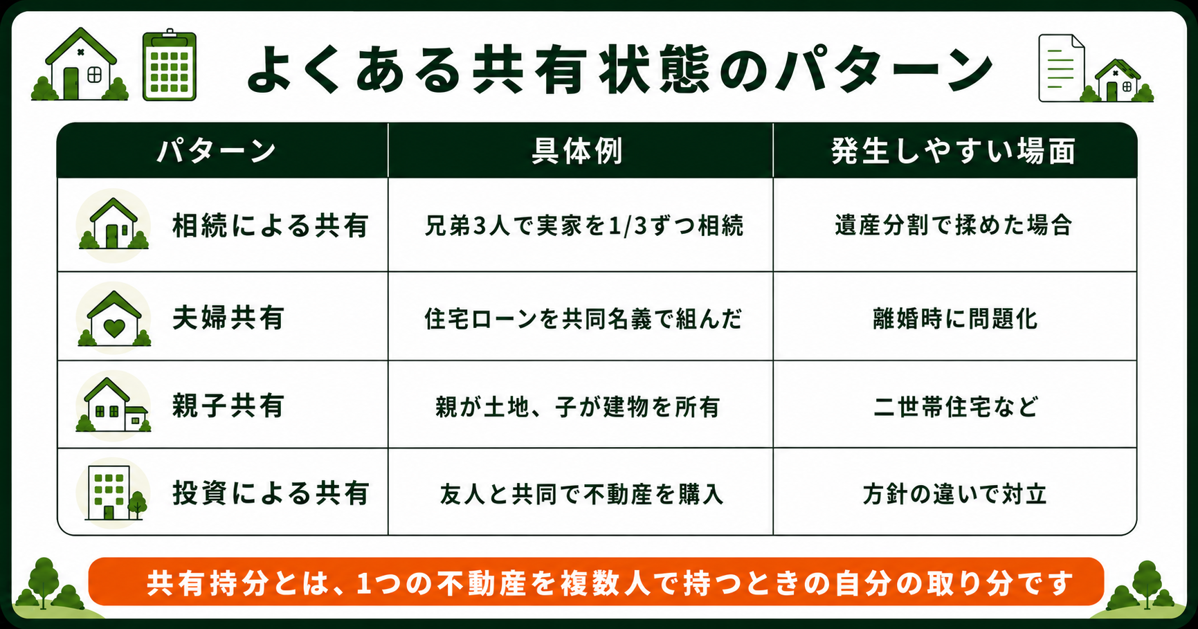 よくある共有状態の4パターン。相続・夫婦共有・親子共有・投資による共有