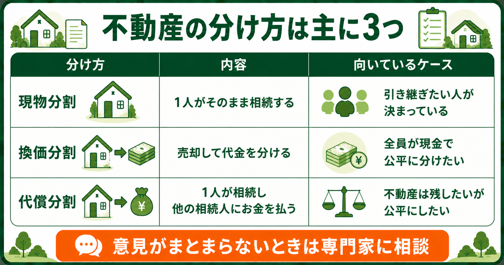 不動産の分け方3つの比較。現物分割・換価分割・代償分割の内容と向いているケース